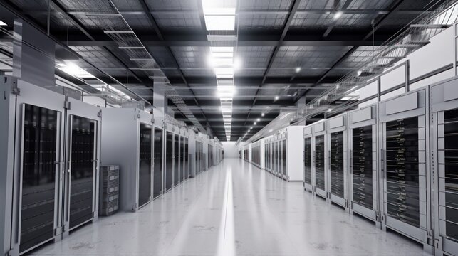 Big cloud data center computer networking server room with racks of hardware for artificial intelligence. Generative AI