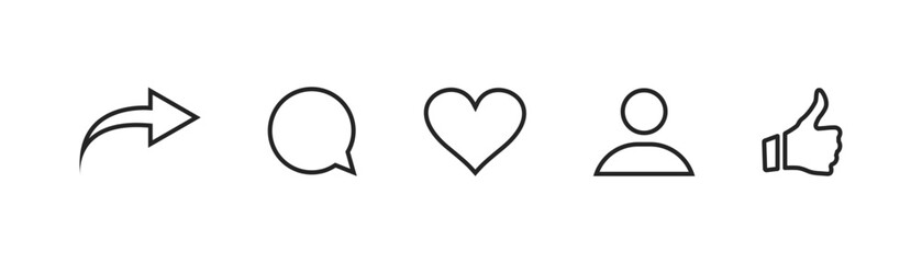 Social media icons thumb up and heart icon with repost and comment. Flat signs icons on white background. Vector