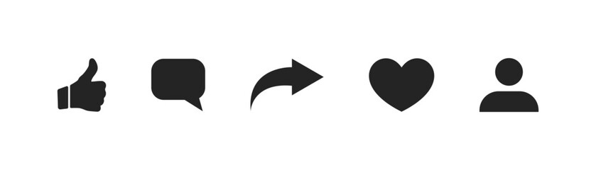 Social media icons thumb up and heart icon with repost and comment. Flat signs icons on white background. Vector