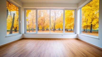 Obraz premium Empty room with wooden floor and window with autumn fall view, yellow trees. Generative AI Illustration