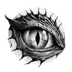 Monochrome reptile eyeball and spiky skin t-shirt print showcasing a mythical evil iris of a dragon or dinosaur monster. The design features a black and white fantasy animal or snake creature pupil