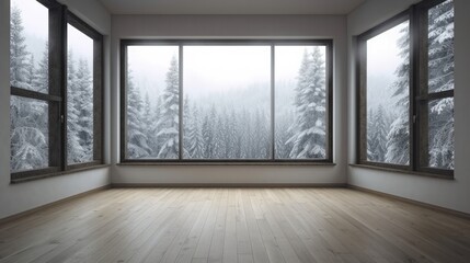 Fototapeta na wymiar Empty room with wooden floor and window with winter view, fir trees in the snow, the sun is shining brightly. Generative AI Illustration