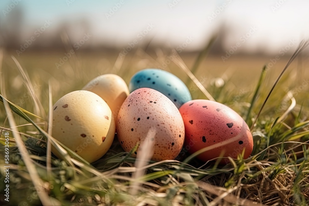 Poster nest with colorful eggs in a green meadow. generative ai