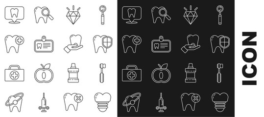 Set line Dental implant, Toothbrush, protection, Diamond teeth, Id card with tooth, clinic location and icon. Vector