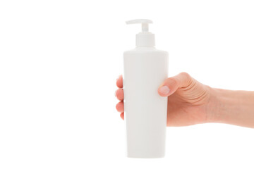 Young adult woman hand holding big plastic pump bottle isolated on white background. Care about...