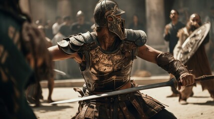 Fototapeta na wymiar Gladiator fighting in the Roman Colosseum. Generative AI