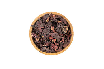 Dry hibiscus tea in wooden bowl isolated on white background. herb. herbal tea. food ingredient.