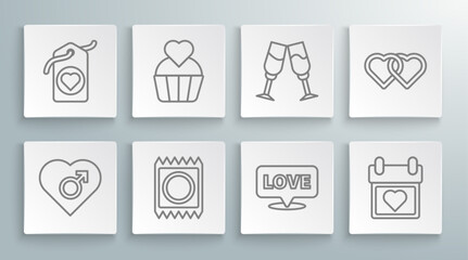 Set line Heart with male gender, Wedding cake heart, Condom package, Speech bubble text love, Calendar, Glass of champagne, Two Linked Hearts and tag icon. Vector