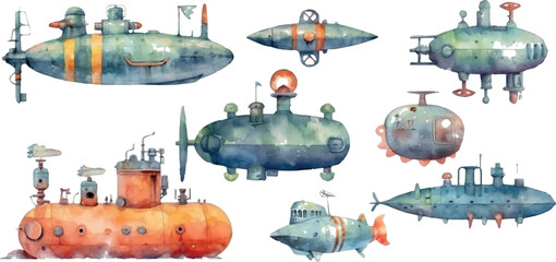 Watercolor cute cartoon kids submarine.  watercolor illustration of a submarine isolated on white background.