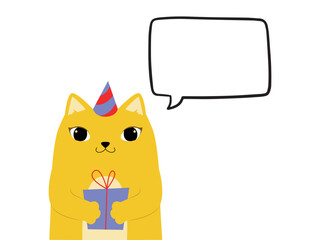 A cute cat in a festive hat and with a gift in its paws with a speech bubble cloud. Vector illustration isolated on a white background