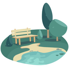 Bench by a Lake Vector Illustration with Green Surroundings in Spring Summer Season