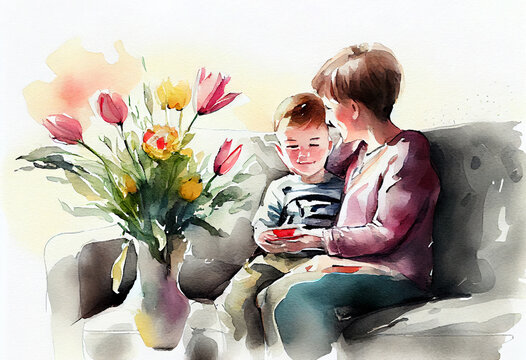 Cute boy sitting on the sofa with mom and giving bouquet of tulips. Watercolor style. Generative ai