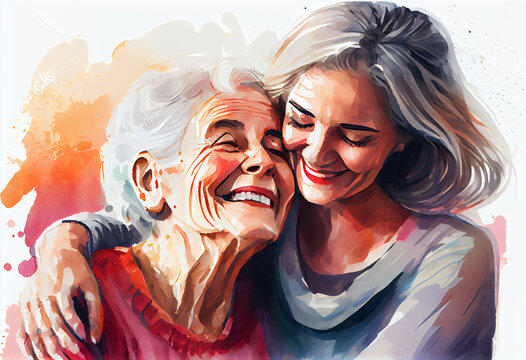 Happy older mature mother and grown millennial daughter smiling embracing, watercolor. Generative ai