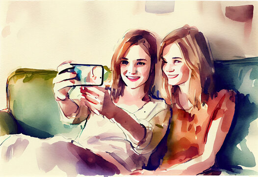 Mother and daughter taking selfie with camera phone on sofa. Watercolor style. Generative ai