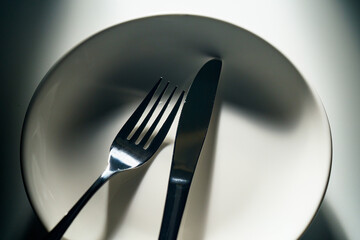 皿の上に置かれたフォークとナイフ