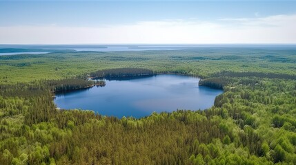 Fototapeta na wymiar Aerial view of wild forest lake from finnland landscape woodland