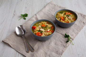 Homemade Chicken Noodle Soup in a Bowl, side view.