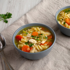 Homemade Chicken Noodle Soup in a Bowl, side view.
