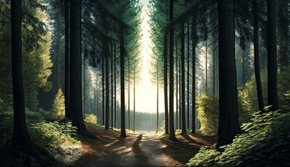 Stylized forest with long pine trees. Panoramic view of Pine tree forest with opening in the center and greens