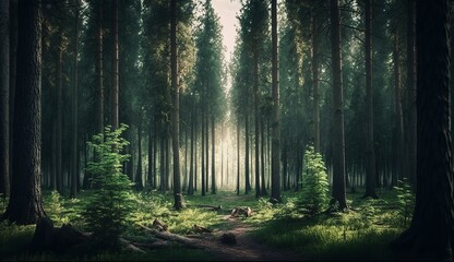 Obraz premium Stylized forest with long pine trees. Panoramic view of Pine tree forest with opening in the center and greens