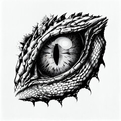 Dragon or dinosaur monster eye tattoo, t-shirt print. Vector tshirt mockup with monochrome reptile eyeball and spiky skin. Black and white fantasy creature pupil. Mythical animal silhouette
