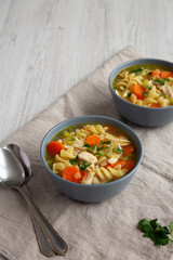 Homemade Chicken Noodle Soup in a Bowl, side view. Copy space.