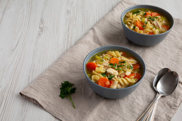 Homemade Chicken Noodle Soup in a Bowl, side view. Space for text.