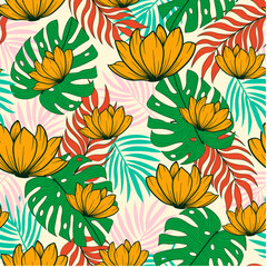 Original seamless tropical pattern with bright plants and flowers on a pastel background. Modern abstract design for fabric, paper, interior decor. Exotic jungle wallpaper. Printing and textiles. 