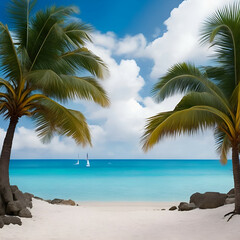 beach with palm trees - Beach landscape - Ocean calm waves background for design - beach background for design - Generative AI