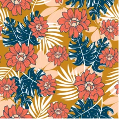Deurstickers Summer seamless tropical pattern with bright plants and flowers on an orange background. Vector design. Jungle print. Floral background.  Tropic leaves in bright colors. © EltaMax99