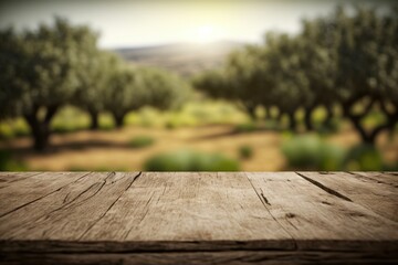 Old wooden table with olives in the background for product presentation with bokeh background (Generative AI)