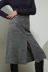 Serie of studio photos of young female model wearing viscose fitted shirt and patterned woolen midi...