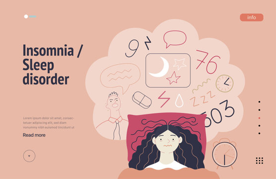 Mental disorders web template. Insomnia, sleep disorder - modern flat vector illustration of a woman meeting with a sleep disorder trying to fall asleep. People emotional, psychological, mental