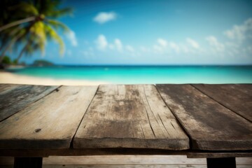 Old wooden table with sea in the background for product presentation with bokeh background (Generative AI)