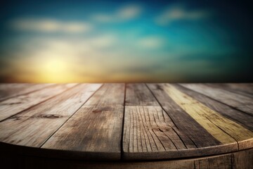 Naklejka na ściany i meble Old wooden table with sea in the background for product presentation with bokeh background (Generative AI)