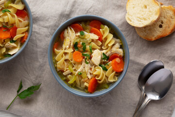 Homemade Chicken Noodle Soup in a Bowl, top view. Flat lay, overhead, from above.