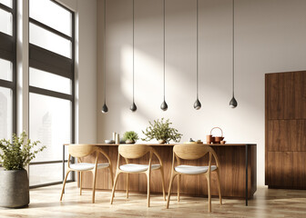 Interior of modern dining room or kitchen, wooden kitchen island and chairs. Home design. 3d rendering