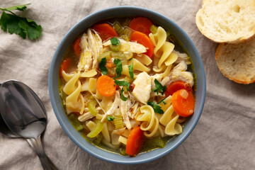 Homemade Chicken Noodle Soup in a Bowl, top view. Flat lay, overhead, from above. Close-up.