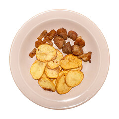 Homemade potato chips with meat, fried in oil.Background of potato chips with meat.