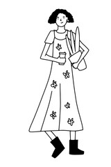Doodle going girl with home plant and coffee. Hand-drawn curly young woman on white background. Outline walking character in a light summer dress with flowers, boots. Vector lifestyle illustration
