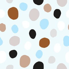 Seamless neutral polka dots pattern. Brown, beige hand-drawn circles on blue background. Abstract points ornament. Vector boho dotted illustration for wallpaper, fabric, print, wrapping paper, textile