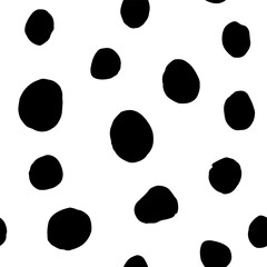 Seamless neutral polka dots pattern. Black hand-drawn circles isolated on white background. Abstract Random points ornament. Vector illustration for wallpaper, fabric, print, wrapping paper, textile