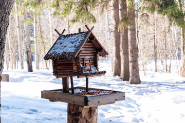 bird feeder in the form of a hut made of natural materials is installed in a winter snowy forest