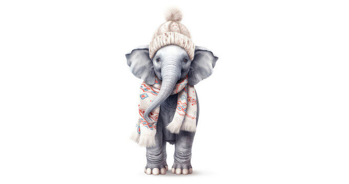 Baby elephant with wool winter hat and scarf. Isolated white. Generative AI