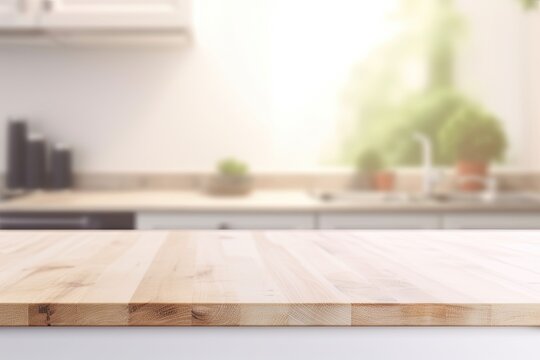 Empty wooden table top with out of focus lights bokeh modern white kitchen background - Generative AI