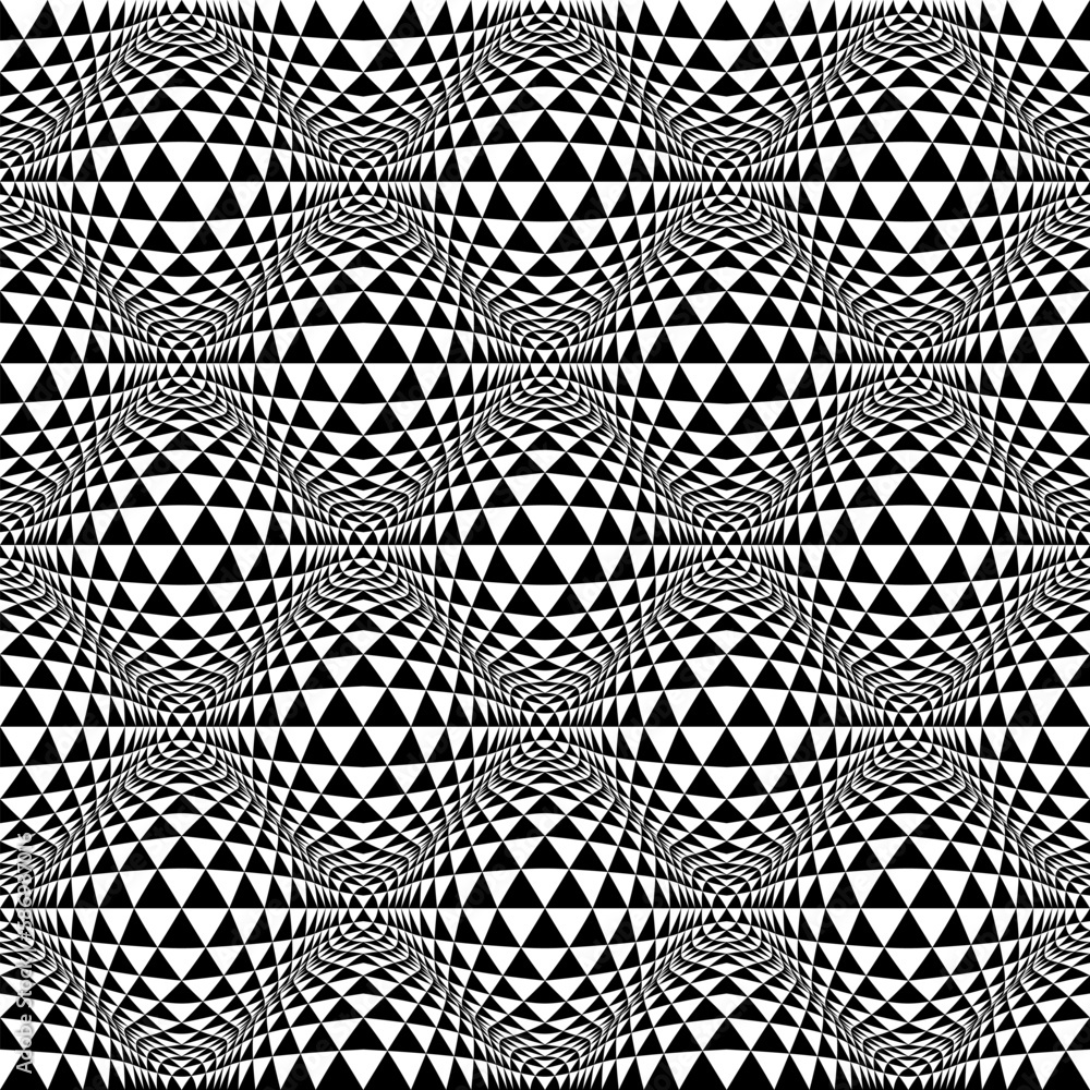 Poster optical art seamless pattern of many black distorted triangles. psychedelic monochrome background de