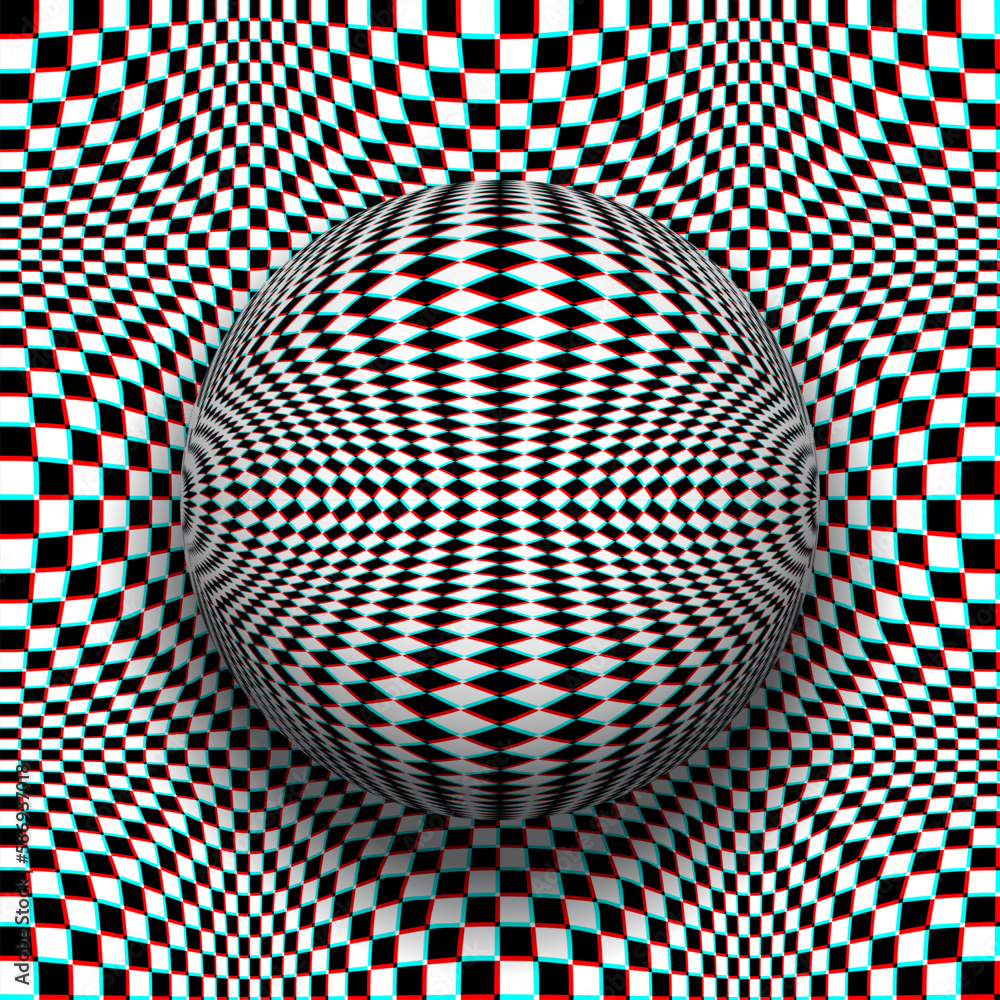 Poster trippy checkered sphere on same patterned background in anaglyph style. psychedelic vector optical a