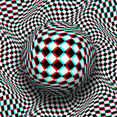 Trippy checkered sphere on same patterned distorted background in red cyan anaglyph style. Psychedelic vector optical art illustration.