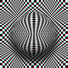Trippy checkered sphere on same patterned background in anaglyph style. Psychedelic vector optical art illustration.
