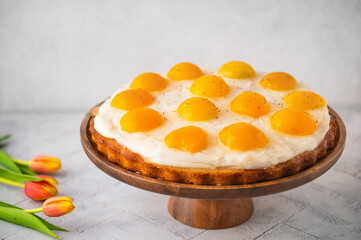 Homemade German Fried Egg Cake Spiegeleierkuchen with apricot and milk pudding on a light background with tulips. Traditional Easter Dessert. Festive Easter food.